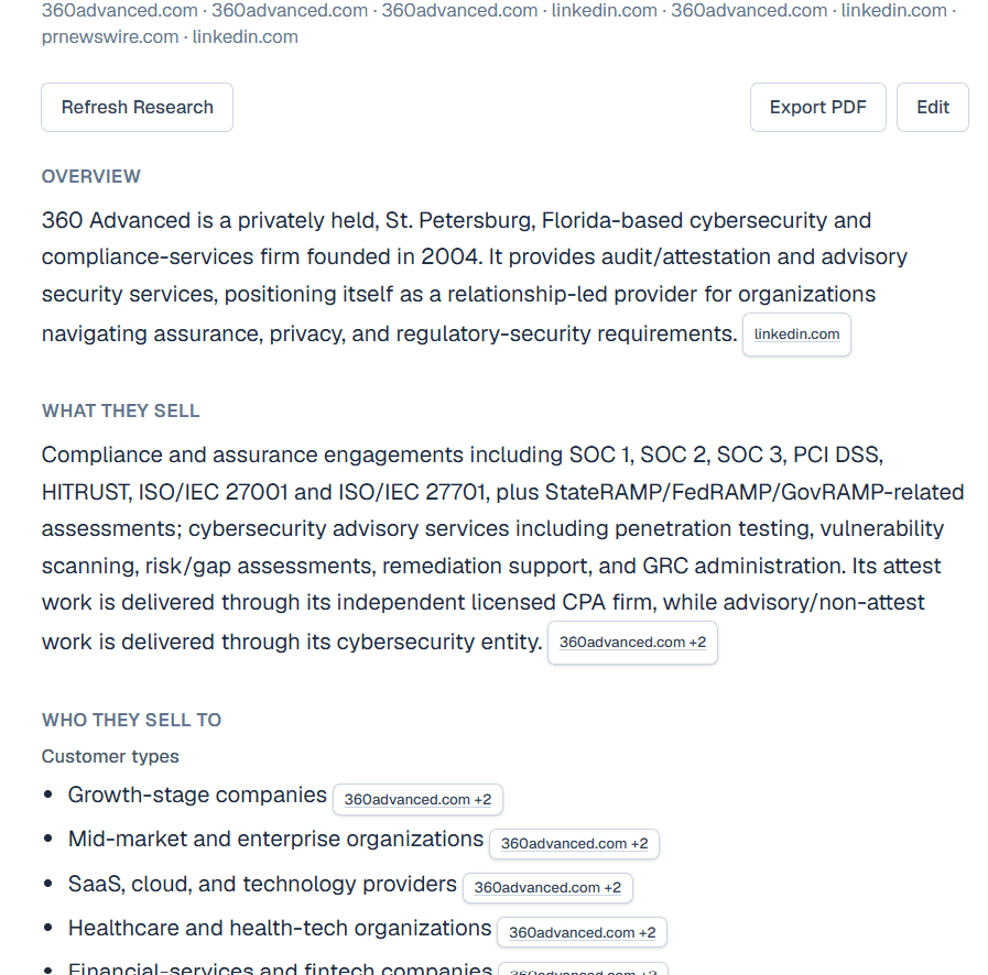 Aimed Outreach company research for 360 Advanced, with overview, what they sell, who they sell to, and source citations.
