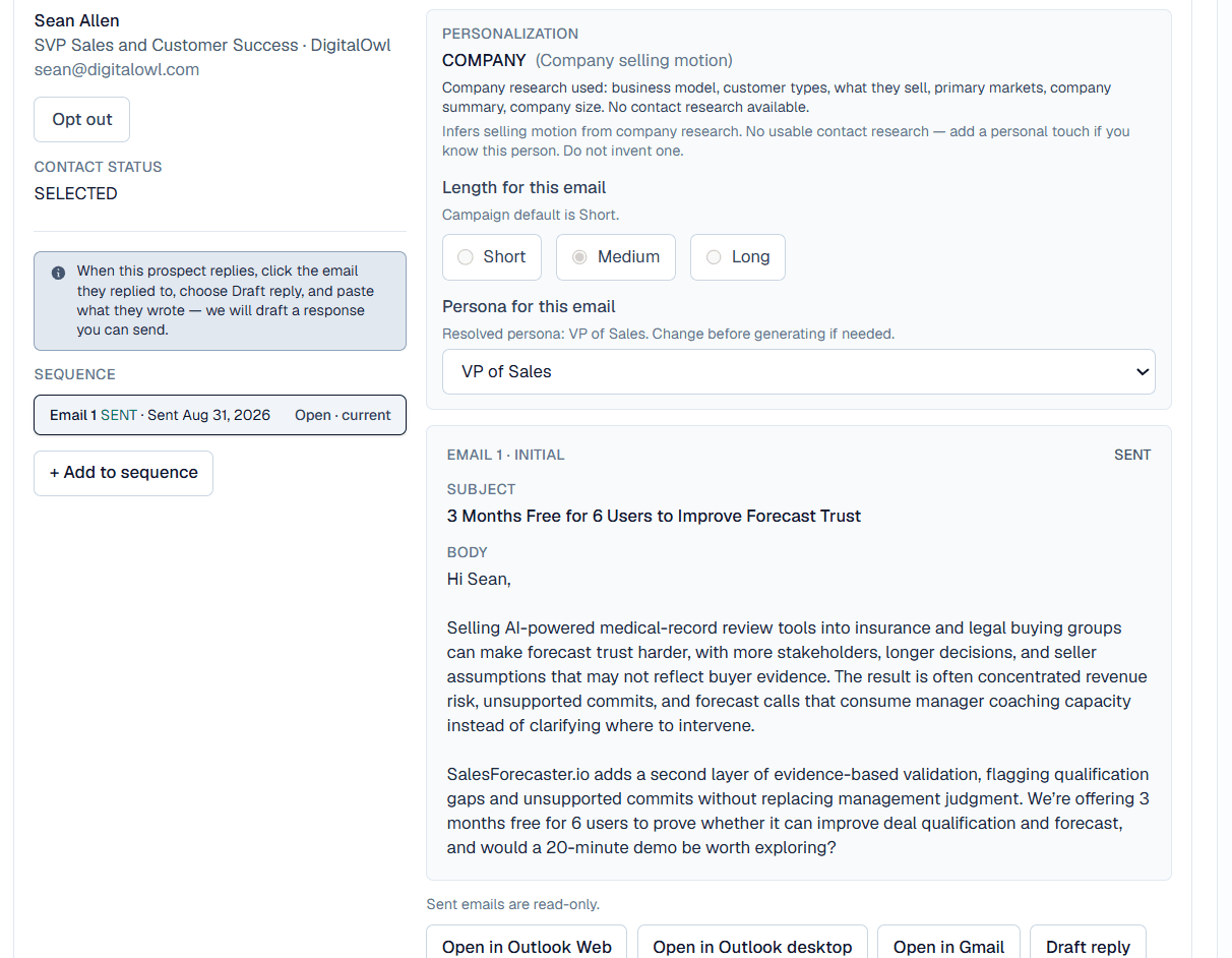 Aimed Outreach writing view with company research notes, a personalized email draft, and send options for Outlook Desktop, Microsoft 365, and Google Workspace.